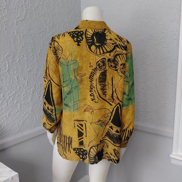 Vintage Blouse by Bantry Bay - yellow goldenrod with black and blue abstract - Picture 2 of 6